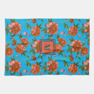 Paño De Cocina Monograma de Patrón de Flores de Peonías Rojas Lin