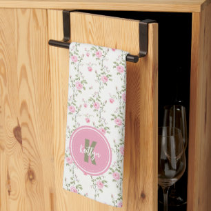 Paño De Cocina Monograma de Patrón de Flores de Rosas Rosadas Ele