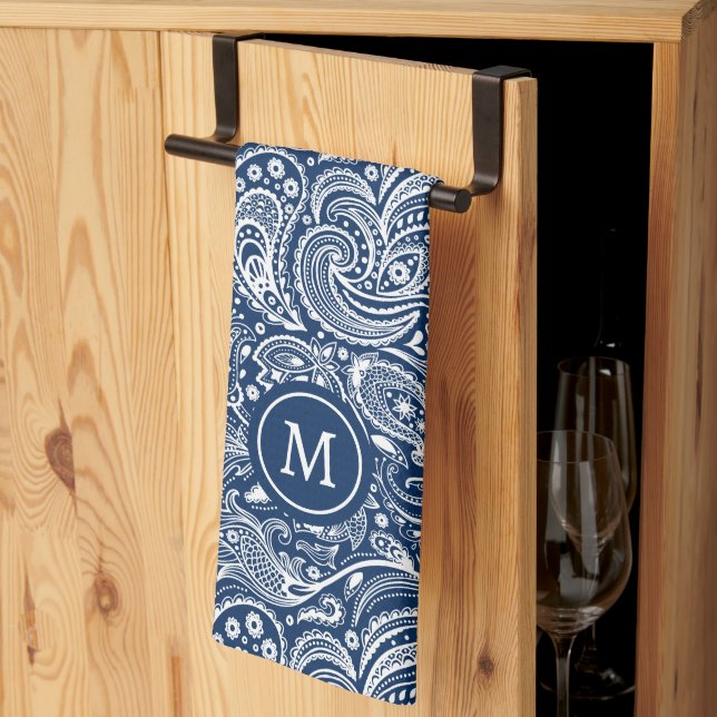 Paño De Cocina Monograma de patrón paisley blanco y azul (Pliegue de tercios)