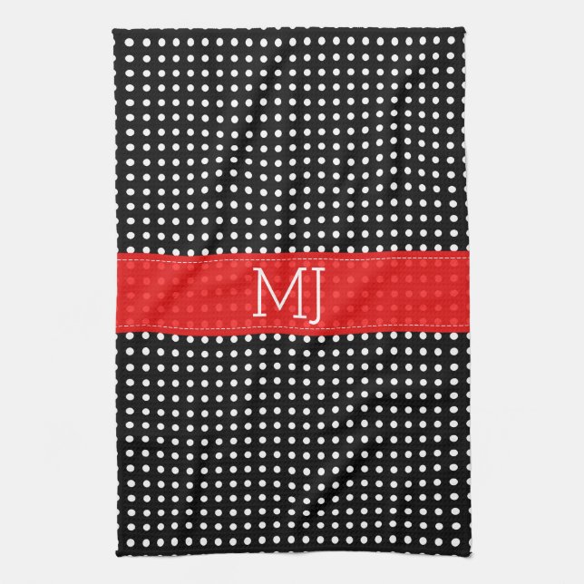 Paño De Cocina Monograma de patrón Polkadot blanco y negro (Vertical)
