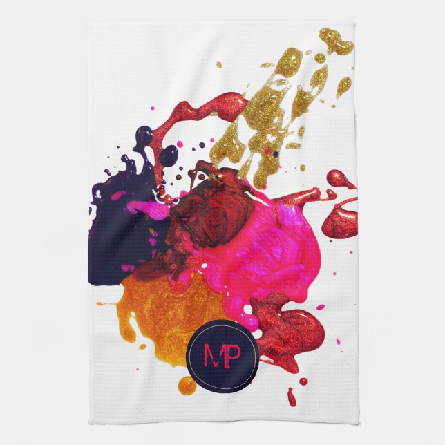 Paño De Cocina Monograma de pintura de oro rojo púrpura rosa (Vertical)