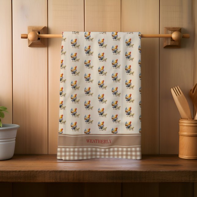 Paño De Cocina Monograma de pollo con chequeo rústico por país |  (Rustic Country Checks Chicken and Chicks Monogram or Name Kitchen Towel)
