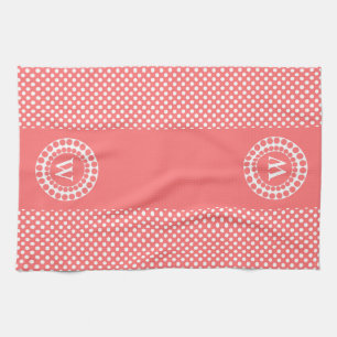 Paño De Cocina Monograma de puntos de polka blanca y coral elegan