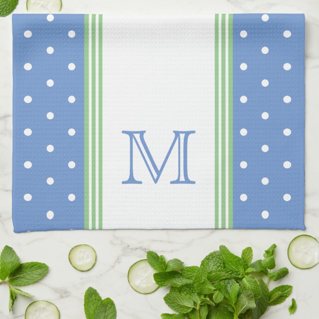 Paño De Cocina Monograma de puntos de polka verde y azul preppy (Doblado)