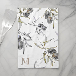 Paño De Cocina Monograma de rama de oliva de acuarela rusa toscan