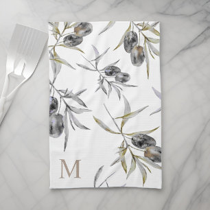 Paño De Cocina Monograma de rama de oliva de acuarela rusa toscan
