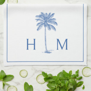 Paño De Cocina Monograma del árbol de palmetto azul y blanco