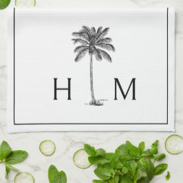 Paño De Cocina Monograma del árbol de palmetto negro y blanco