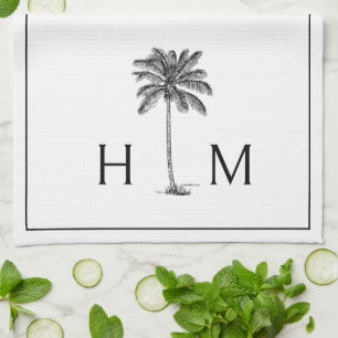 Paño De Cocina Monograma del árbol de palmetto negro y blanco