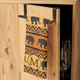 Paño De Cocina Monograma del elefante negro Naranja africano
