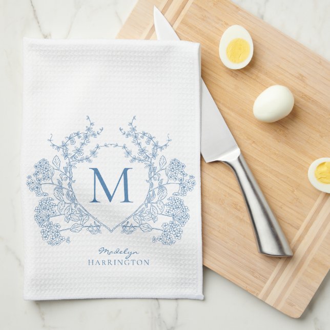 Paño De Cocina Monograma del Escudo floral azul clásico francés (Doblado Cuarto)
