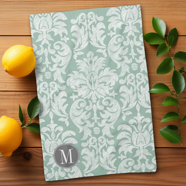 Paño De Cocina Monograma del modelo de Damasco de tinta y gris (Shabby chic lace damask pattern with a monogram kitchen towel)