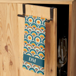 Paño De Cocina Monograma del patrón azul del Naranja retro boho