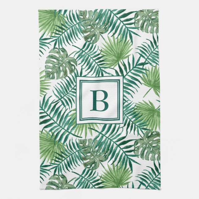 Paño De Cocina Monograma del patrón botánico de hojas de palmas t (Vertical)