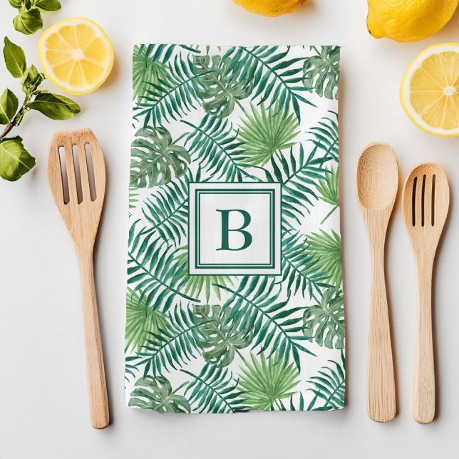 Paño De Cocina Monograma del patrón botánico de hojas de palmas t (Tropical Palm Leaves Botanical Pattern Monogram Kitchen Towel)
