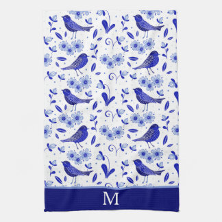 Paño De Cocina Monograma del patrón de arte folclórico azul Bird