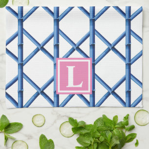 Paño De Cocina Monograma del patrón de bambú del barril azul prep