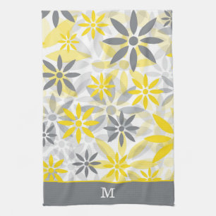 Paño De Cocina Monograma del patrón de flor gris amarillo