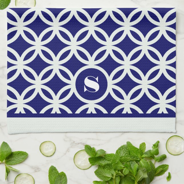 Paño De Cocina Monograma del patrón geométrico contemporáneo azul (Doblado)