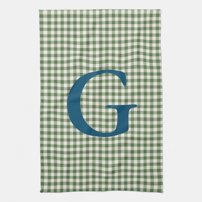 Paño De Cocina Monograma del patrón retro verde de Gingham (Vertical)