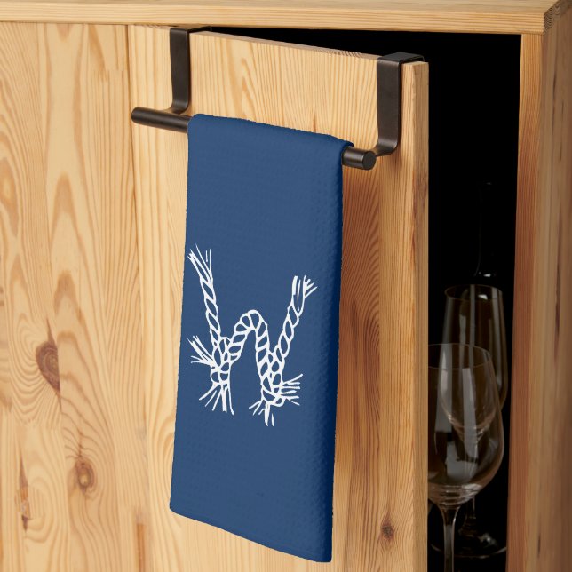 Paño De Cocina Monograma del personalizado blanco azul con nudos  (Pliegue de tercios)