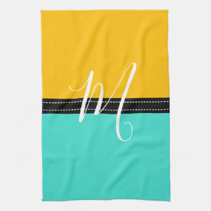 Paño De Cocina Monograma Elegante color turquesa y ámbar sólido