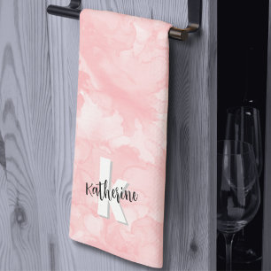 Paño De Cocina Monograma Elegante con Acuarela Rosa
