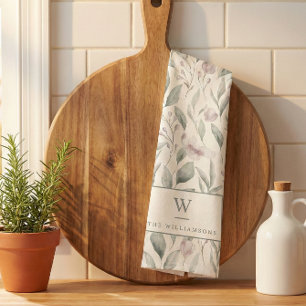 Paño De Cocina Monograma elegante de eucalipto verde en acuarela