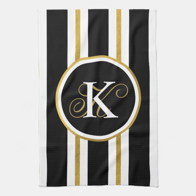 Paño De Cocina Monograma elegante personalizado de franjas de oro (Vertical)