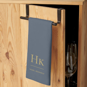 Paño De Cocina Monograma Elegante Sencillo Mínimo Navy Oro Azul