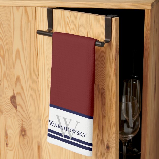 Paño De Cocina Monograma familiar moderno Rojo marrón (Pliegue de tercios)