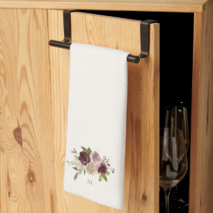 Paño De Cocina Monograma Floral Acuarela Rosa Burdeos Moderno