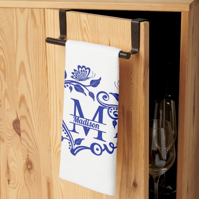Paño De Cocina Monograma floral azul y blanco M (Pliegue de tercios)