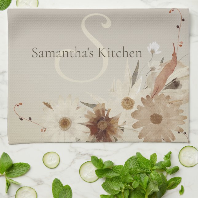 Paño De Cocina Monograma floral de acuarela de otoño personalizad (Doblado)