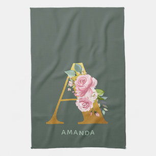 Paño De Cocina Monograma Floral Letra A Dorada Personalizada