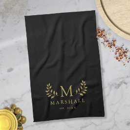 Paño De Cocina Monograma Floral Moderno Negro Y Dorado Apellido