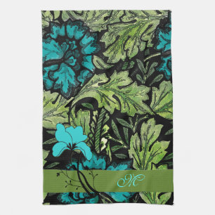 Paño De Cocina Monograma Floral Vintage azul y verde