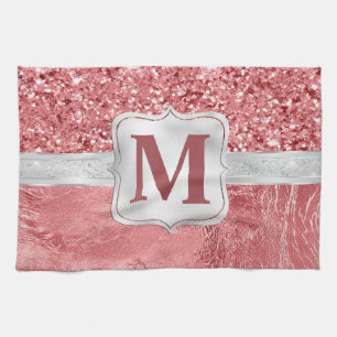 Paño De Cocina Monograma Glamurosa de Hoja y Brillo Rosa