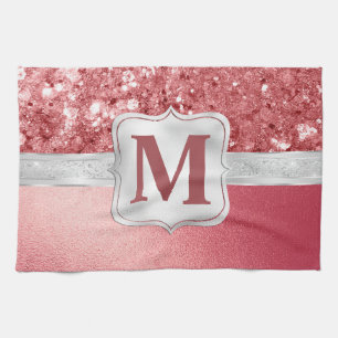 Paño De Cocina Monograma Glamuroso de Purpurina y Hoja de Rosa