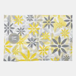 Paño De Cocina Monograma gráfico de flores grises amarillas