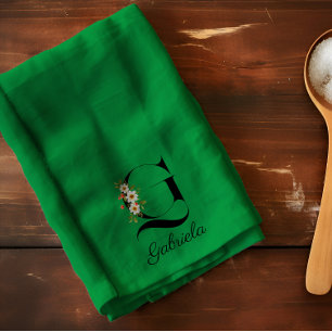 Paño De Cocina Monograma inicial botánico acuarela verde