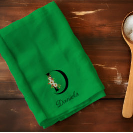 Paño De Cocina Monograma inicial botánico acuarela verde