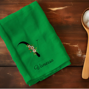 Paño De Cocina Monograma inicial botánico acuarela verde