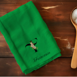 Paño De Cocina Monograma inicial botánico de acuarela en verde