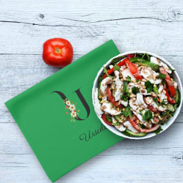 Paño De Cocina Monograma inicial botánico de acuarela en verde