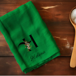 Paño De Cocina Monograma inicial botánico en acuarela verde