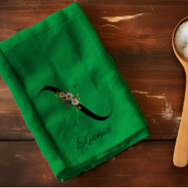 Paño De Cocina Monograma inicial botánico en verde acuarela