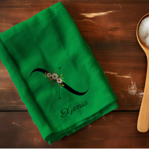 Paño De Cocina Monograma inicial botánico en verde acuarela