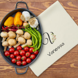 Paño De Cocina Monograma inicial negro botánico acuarela