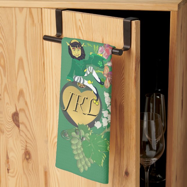 Paño De Cocina Monograma Leprechaun Fruta Verde y Floral (Pliegue de tercios)